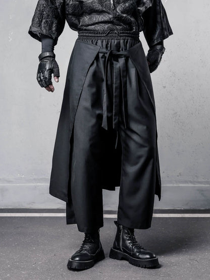 Fake Layered Ribbon Strap Cropped Wide Leg Pants WN22495