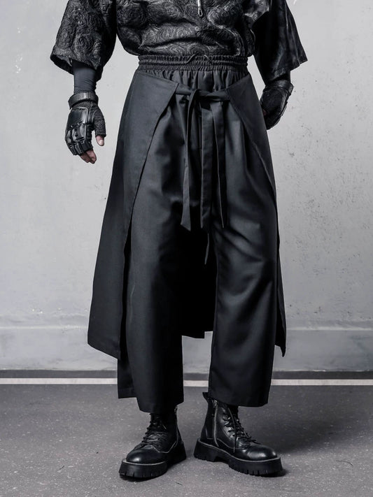 Fake Layered Ribbon Strap Cropped Wide Leg Pants WN22495