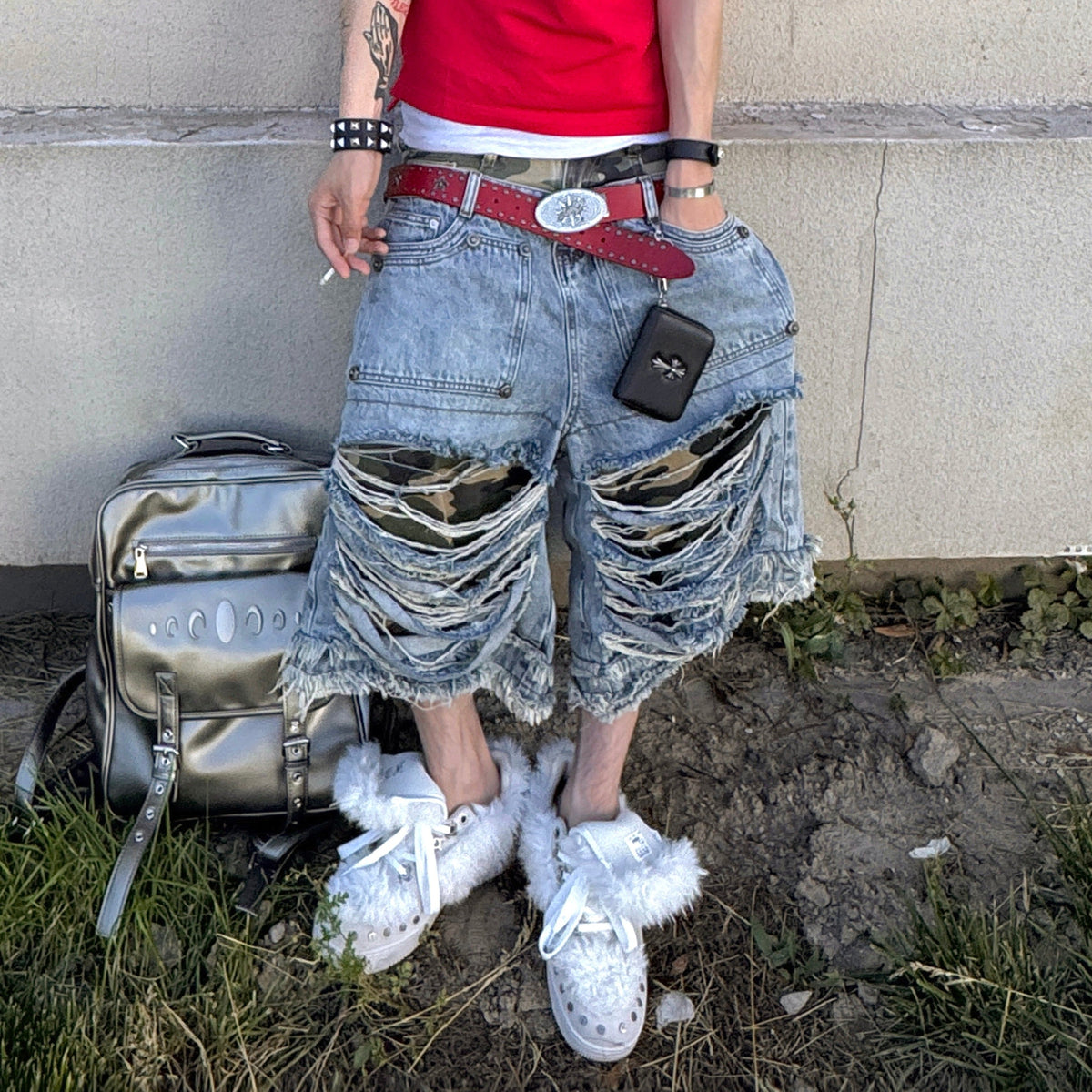 Damage Washed Wide Leg Denim Half Jeans WN27396