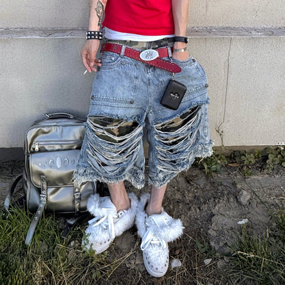 Damage Washed Wide Leg Denim Half Jeans WN27396