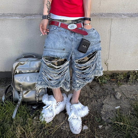 Damage Washed Wide Leg Denim Half Jeans WN27396