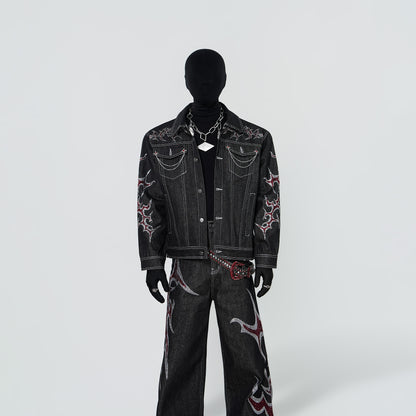Rinestone Design Denim Jacket & Rinestone Design Wide Leg Pants Setup WN24296