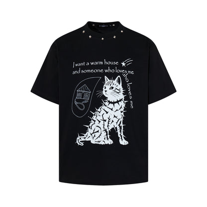 Stud Cat Print Short Sleeve T-Shirt WN25816