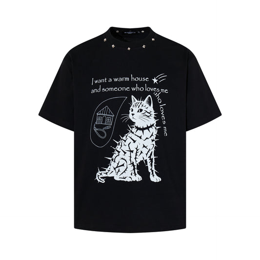 Stud Cat Print Short Sleeve T-Shirt WN25816