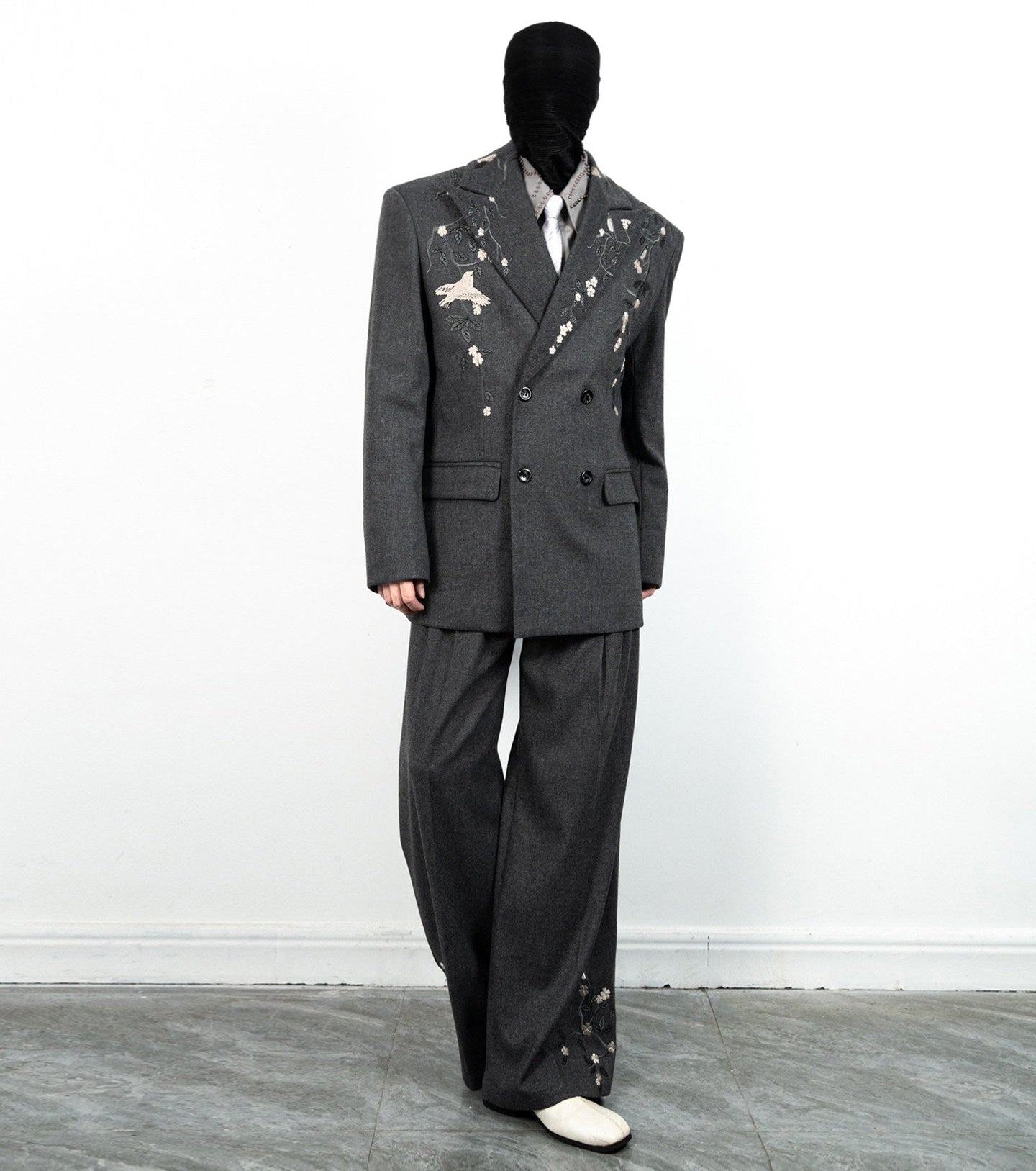 Floral Embroidery Double-Breasted Tailored Jacket & Wide-Leg Trousers Setup WN23629