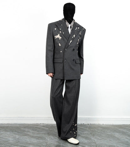 Floral Embroidery Double-Breasted Tailored Jacket & Wide-Leg Trousers Setup WN23629