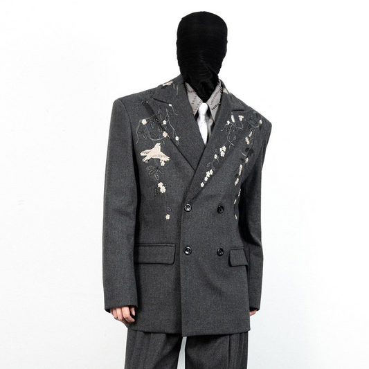 Floral Embroidery Double-Breasted Tailored Jacket & Wide-Leg Trousers Setup WN23629