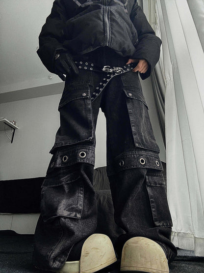 Multi Pocket Eyelet Wide Leg Cargo Denim Jeans WN24168