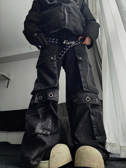 Multi Pocket Eyelet Wide Leg Cargo Denim Jeans WN24168