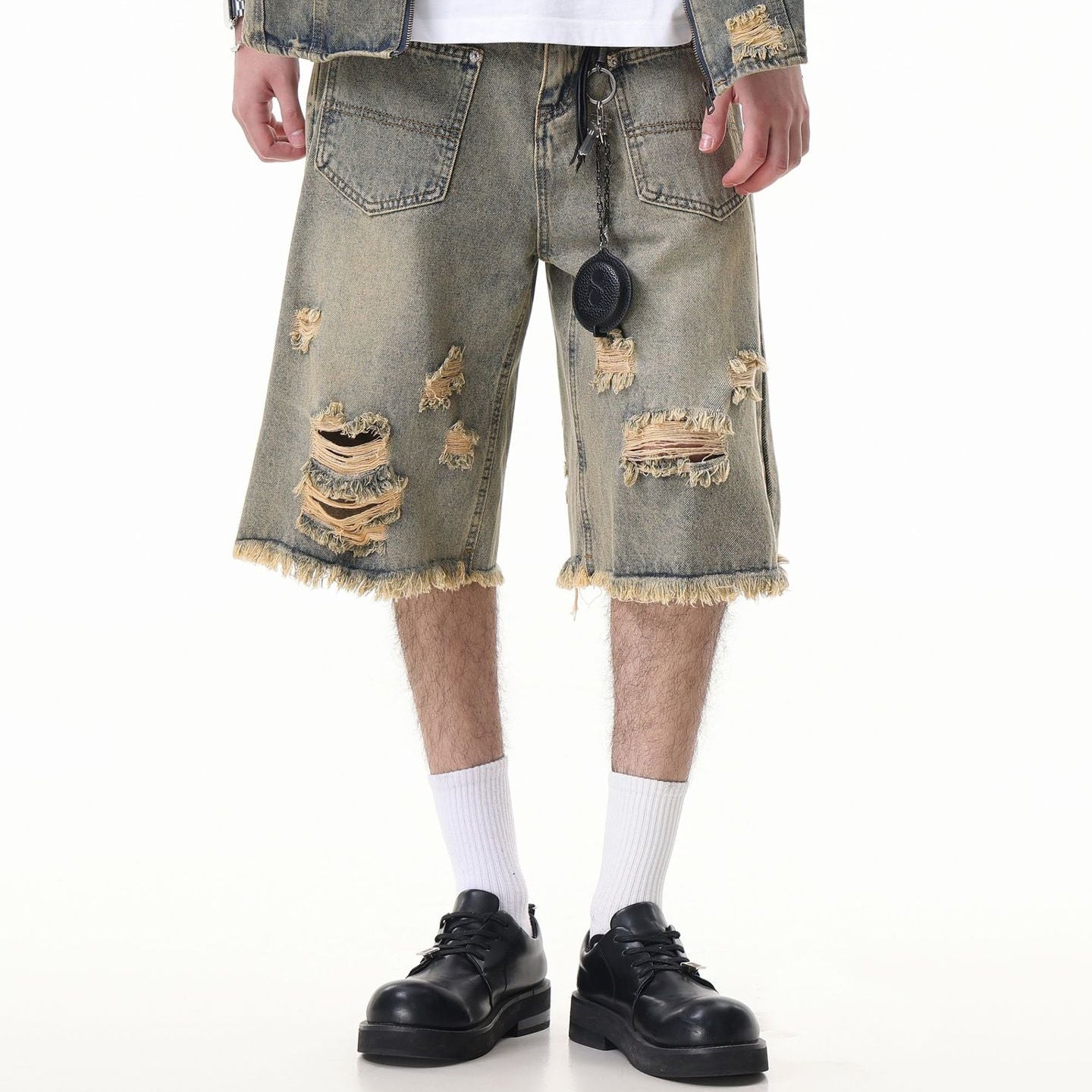 Washed Damage Wide Leg Denim Short Pants WN25596