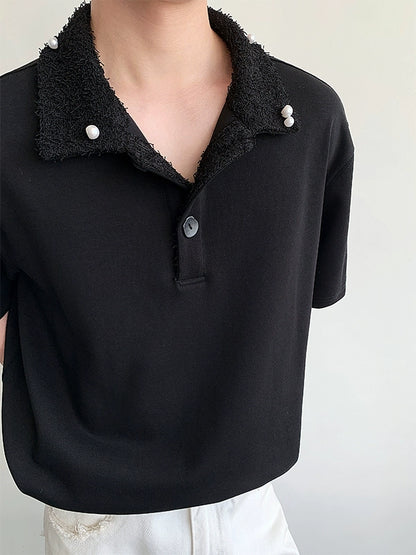 Fake Fur Collar Pearl PatchShort Sleeve Polo Shirt WN19306
