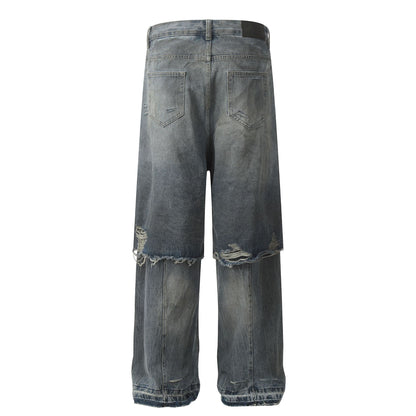 Fake Layered Damage Wide Leg Denim Jeans WN26025