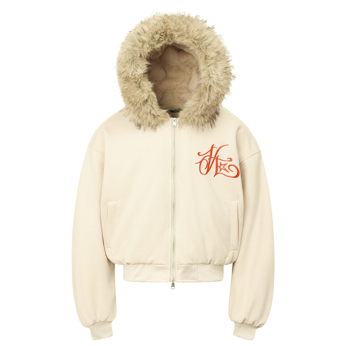 Hooded Embroidered Fake Fur Padded Jacket WN22201