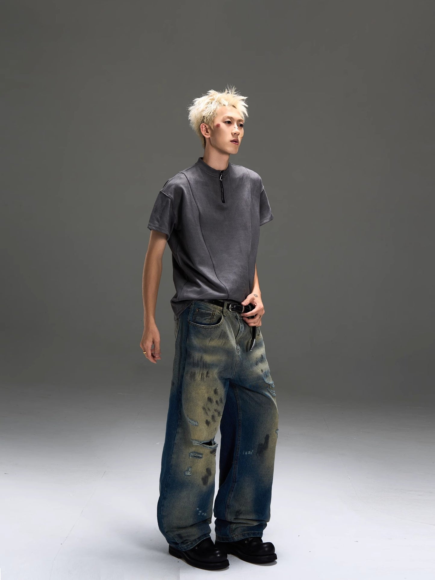 Yellow Mud Dirty Washed Damage Wide-Leg Straight Denim Jeans WN8481