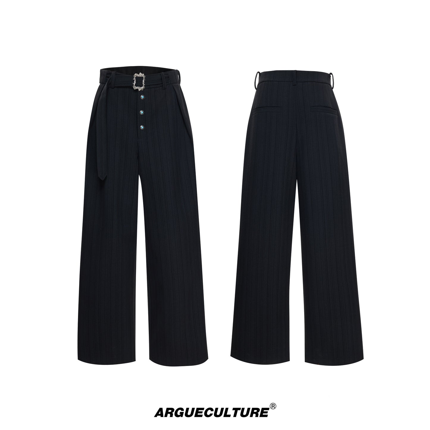 Pleats Stripe High-Waist Belt Straight Trousers WN23317