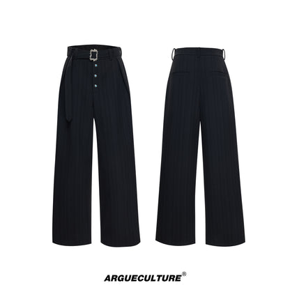 Pleats Stripe High-Waist Belt Straight Trousers WN23317