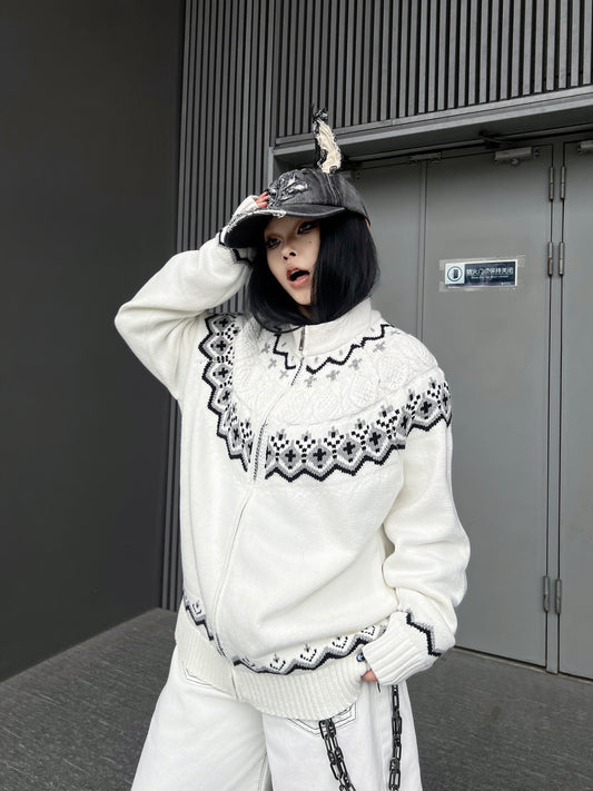 Nordic Pattern Zipper Knit Cardigan WN24151
