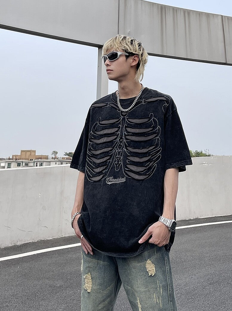 Skeleton Print Washed Oversize Short Sleeve T-Shirt WN24282