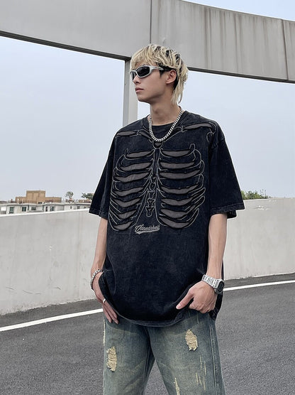 Skeleton Print Washed Oversize Short Sleeve T-Shirt WN24282