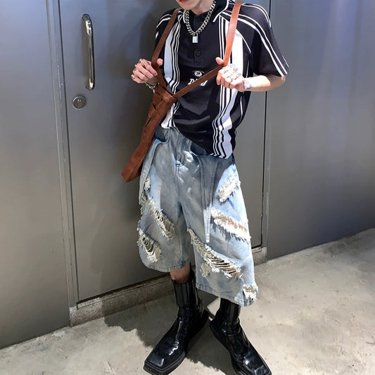 Washed Damage Wide-Leg Straight Denim Half Jeans WN17039