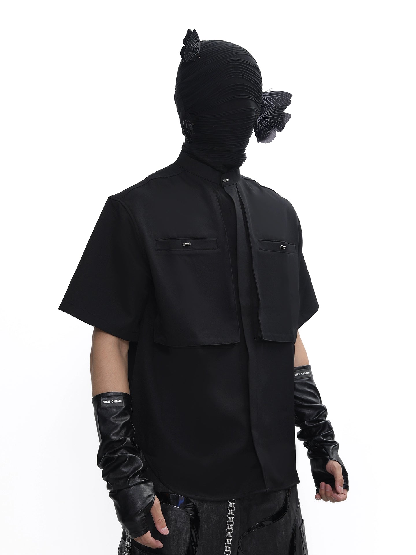 Stand Neck Half-Length Double Placket Pocket Short Sleeve Shirt WN18644