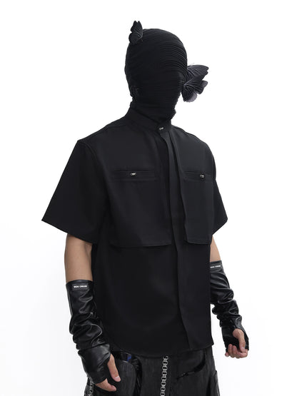 Stand Neck Half-Length Double Placket Pocket Short Sleeve Shirt WN18644