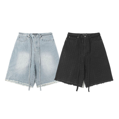 Fringe Rhinestone Wide Leg Half Denim Pants WN25612