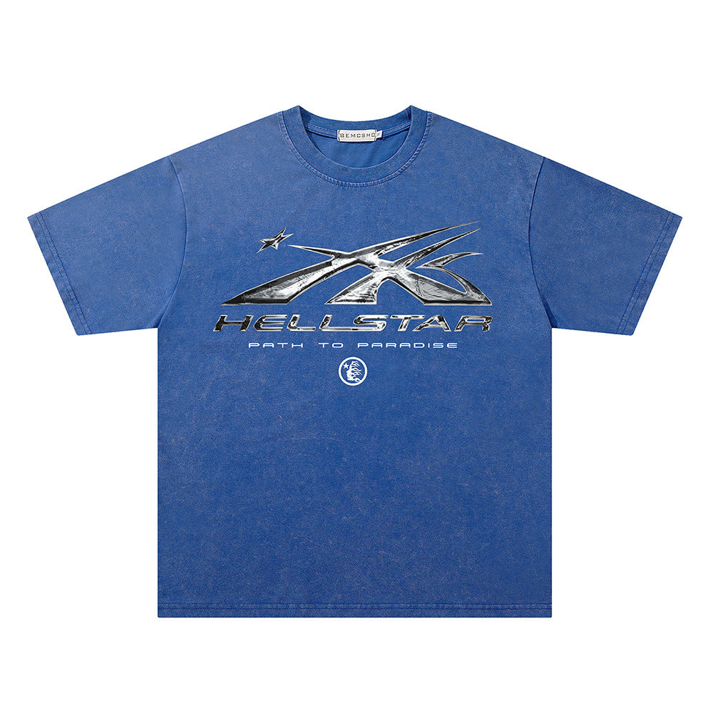 Washed Metal Letter Star Print Short Sleeve T-Shirt WN26912