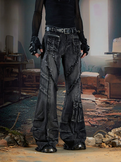 Deconstruction Pleats Fringe Multi-Pocket Flare Cargo Denim Jeans WN21363