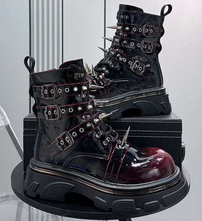 Patent Strap Buckle Spike Platform Boots WN24726