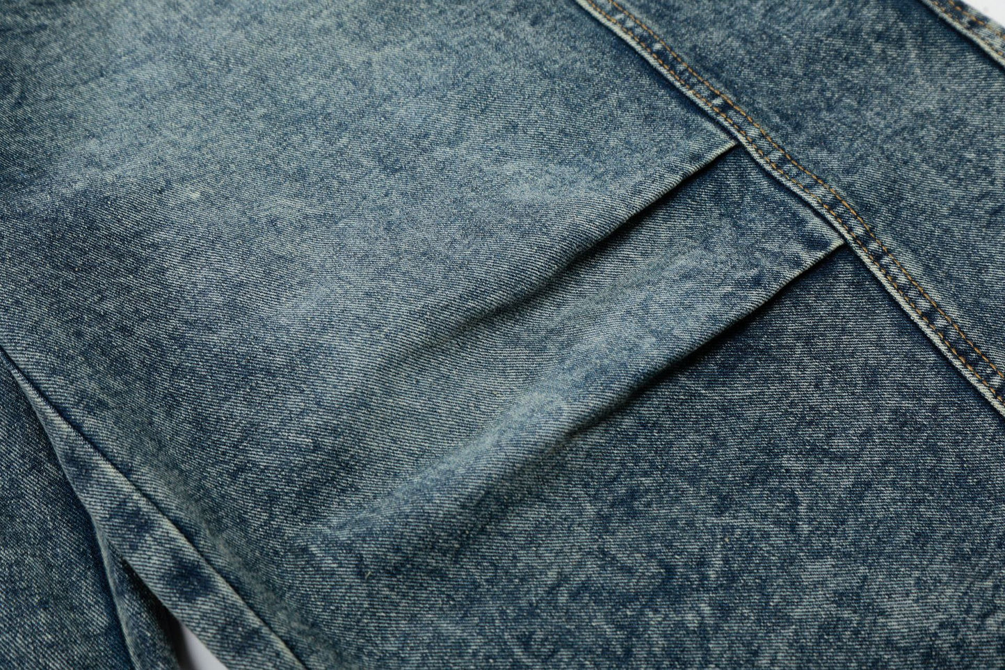Washed Studs Panel Cropped Denim Half Jeans WN25766