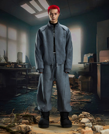 Deconstructed Oversize Zipper Stand Neck Jacket & Wide Leg Pants Setup WN20586