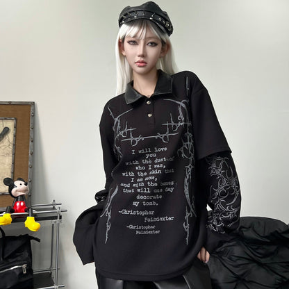 Dark Print Fake Layered Waffle Long Sleeve Polo T-Shirt WN24207