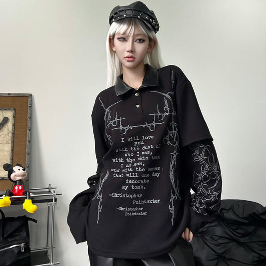 Dark Print Fake Layered Waffle Long Sleeve Polo T-Shirt WN24207