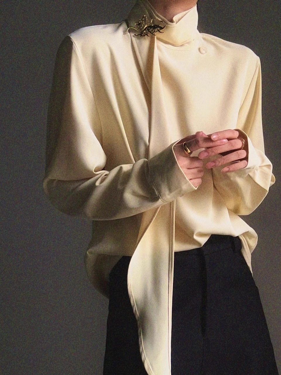 Standing-Collar Tie Drape Long Sleeve Shirt WN23136