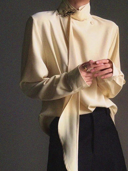 Standing-Collar Tie Drape Long Sleeve Shirt WN23136