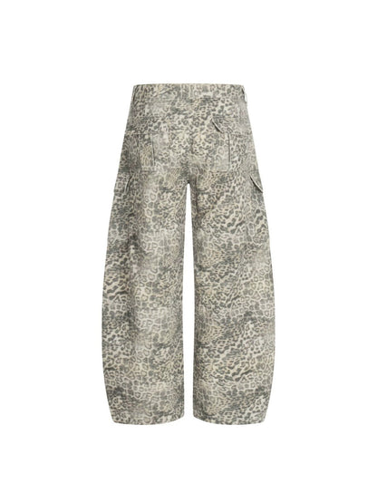 Leopard Print Washed Multi-Pocket Wide Leg Denim Jeans WN27926