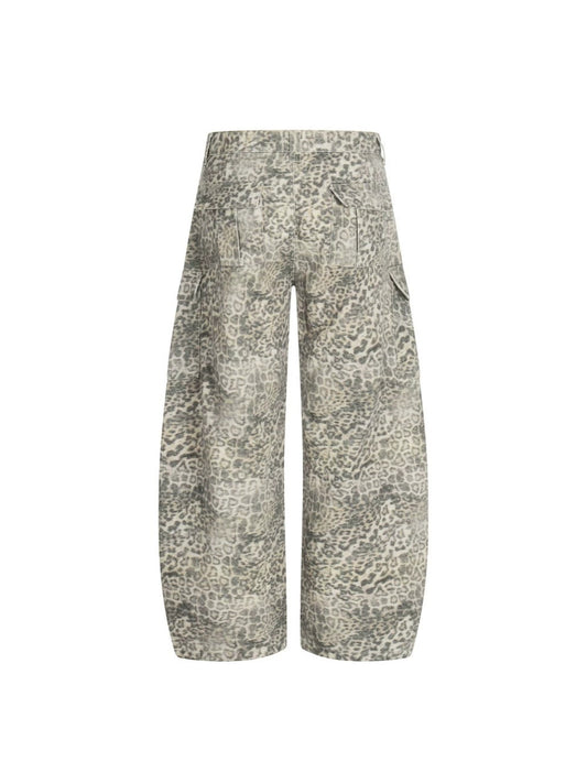 Leopard Print Washed Multi-Pocket Wide Leg Denim Jeans WN27926