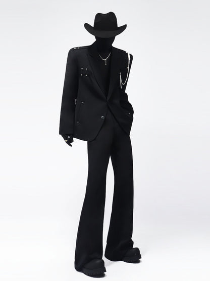 Chain Decoration Shoulder-Pad Tailored Jacket & Wide Leg Trousers Setup WN23761