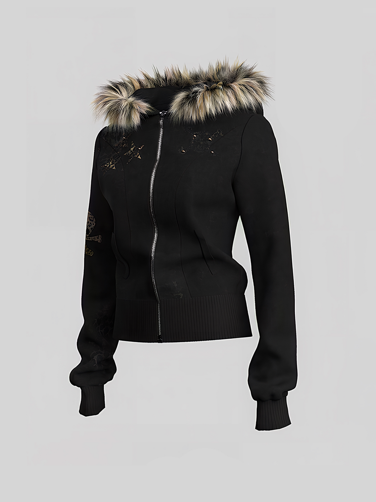 Fake Fox Fur Trim Skeleton Graphic Cropped Zipper Hoodie WN27097