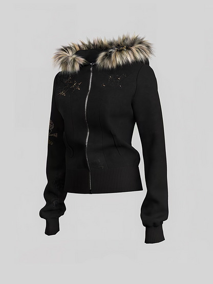 Fake Fox Fur Trim Skeleton Graphic Cropped Zipper Hoodie WN27097