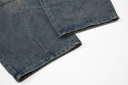 Washed Damage Multi-Pocket Curved Leg Denim Jeans WN26807