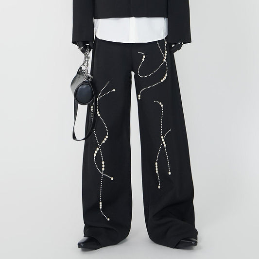 Wrinkle Beaded Draped Curved Wide Leg Trousers WN24146