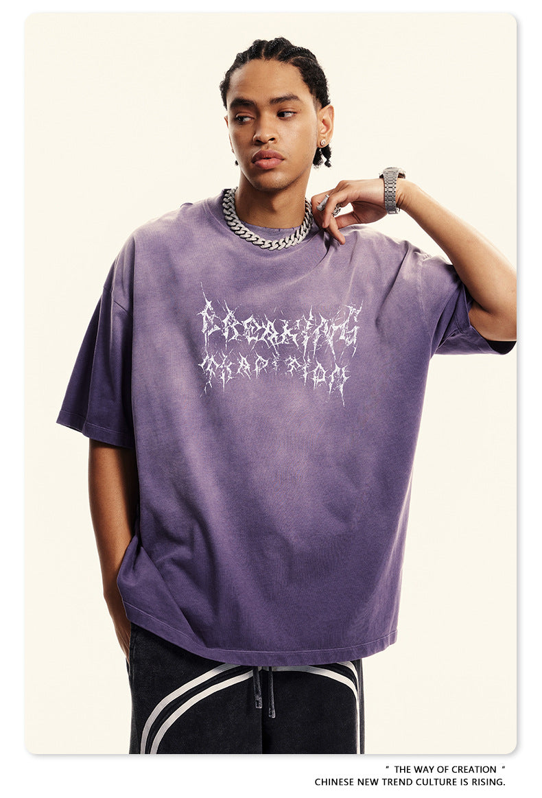 Washed Damage Print Oversize Short-sleeve T-shirt WN6400