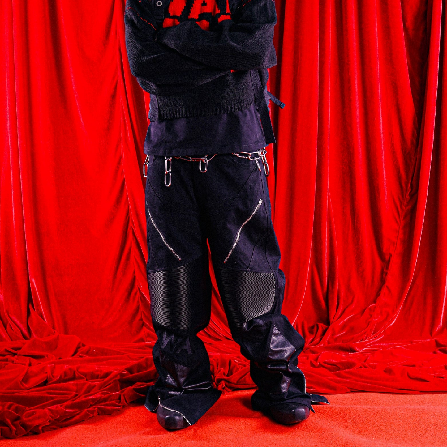 PU Leather Mix Zipper Design Wide Leg Pants WN17205