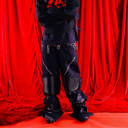 PU Leather Mix Zipper Design Wide Leg Pants WN17205