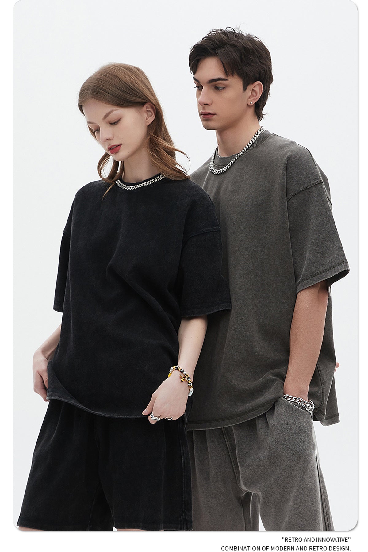 Oversize Washed Short-sleeve T-shirt & Washed Short Sweatpants Setup WN6612