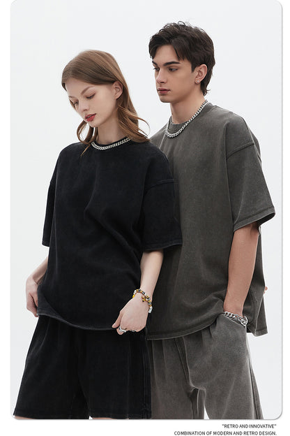 Oversize Washed Short-sleeve T-shirt & Washed Short Sweatpants Setup WN6612