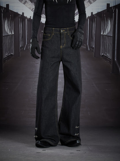 Metal Buckle Topstitch Straight Denim Jeans WN22905