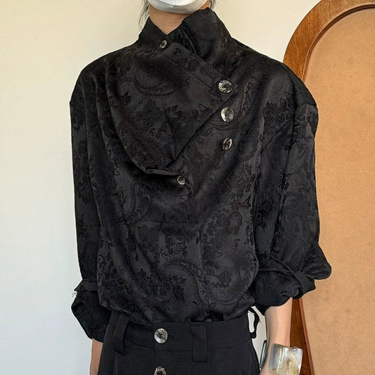 Embroidery Jacquard Asymmetrical Long Sleeve Shirt WN19942